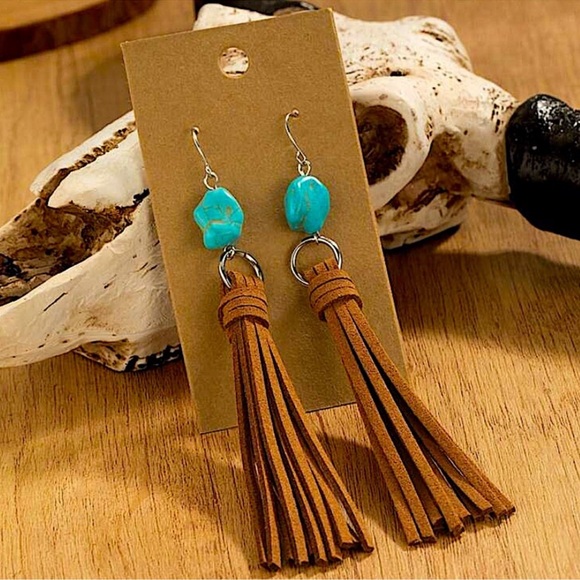Handmade Leather Turquoise Fringe Dangle Earrings - Picture 2 of 6